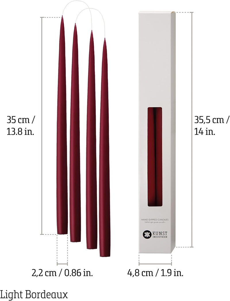 Kunstindustrien ® Taper Candles, Set of 4, 13.8" – Made in Denmark, Long Burning Candles 15h, Unscented & Smokeless Candlesticks, Elegant Tall Candles for Weddings Dinners & Home Decor (Light Bordeaux) - Image 2